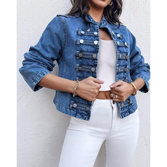 Blue Denim Jacket for Women 2025 Button Up Stand Collar Lightweight Fall Coat - Picture 5 of 7